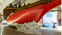 Historic galley hull inside Galata Museo del Mare Genoa Italy