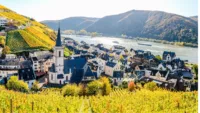 Church houses and vineyards in Assmanshausen in colorful yellow autumn Upper middle Rhine river valley Mittelrhein nearby Rudesheim am Rhein Lorch Hessen Germany Unesco Shutterstock