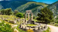Temple of Athena Pronaia at Delphi UNESCO world heritage in Greece shutterstock