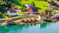 Norweigian Fjords, blue river surrounded by quaint houses.