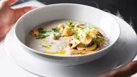 Cream of mushroom soup with sautéed scallops and caramelised porcini recipe