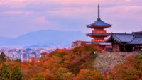 Sunrise over Sanjunoto Pagoda and Kiyomizu Dera Temple in the Autumn Season Kyoto