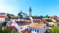 Litomerice Cityscape with Baroque St Stephens Cathedral and Bell Tower Litomerice Czech Republic View from Fortification Walls and Baileys