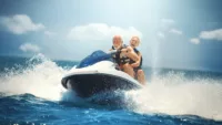 Senior couple jet skiing