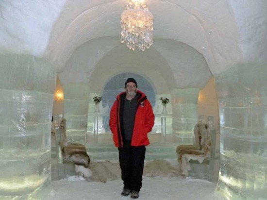 Captain Greybeard poses for pictures in the Igloo Hotel's wedding chapel