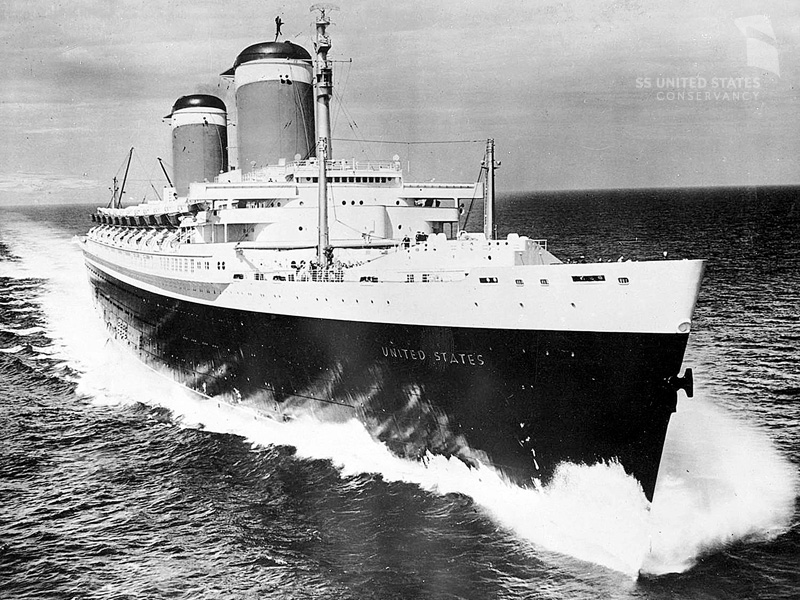 SS United States on her sea trials, June 10, 1952. Here she reached her highest recorded speed ever, 38.32 knots (44.1 mph). This is the greatest speed ever achieved by an ocean liner before or since. Photo courtesy of Charles Anderson and the SS United States Conservancy