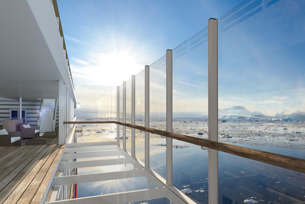 an outside perspective of a suite balcony on the Hanseatic Inspiration, Hapag-Lloyd