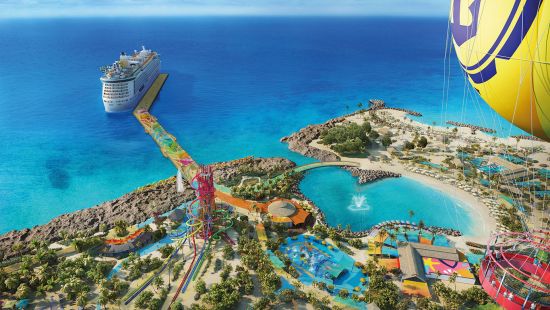 view of Royal Caribbean cruise ship by CocoCay island with a waterslide and Oasis lagoon