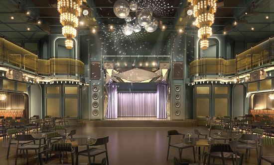 Virgin's Scarlet Lady's onboard exclusive nightclub featuring stage for music performings