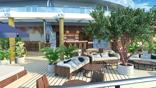 Virgin Voyage's Scarlet lady luxury outdoor area with sofas and greenery