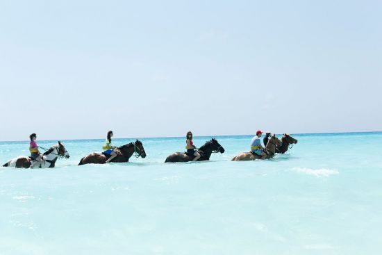 Horseback riding in the sea at Holland America Line's Half Moon Cay island