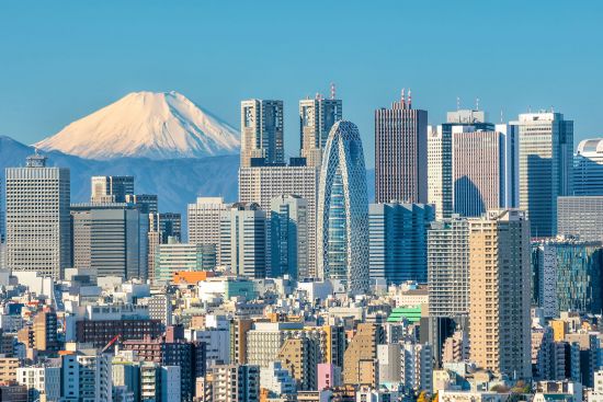 Tokyo skyline with snow-capped mountain, Asia cruise